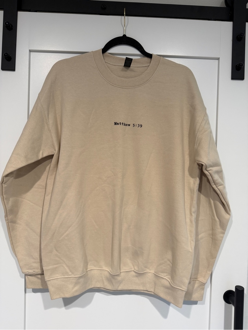 Gildan Beige Crewneck Sweatshirt with Matthew 5:39 Embroidery